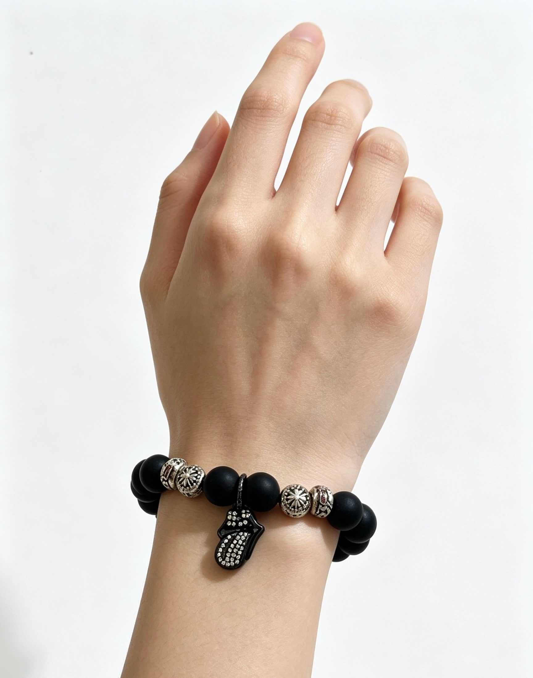 Chrome Hearts Black Beaded Bracelet with Silver Charms